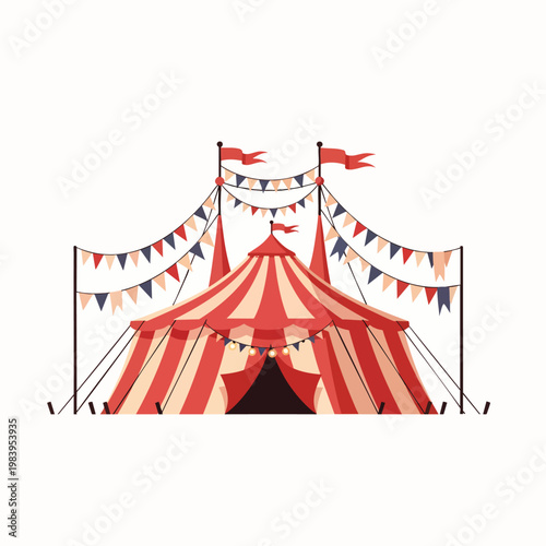 Classic red and white striped circus tent with festive pennant flags, an iconic symbol of entertainment, magic, and funfair events.