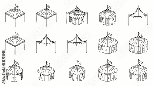 Collection of isometric line art illustrations featuring various circus and event tents, ideal for festivals, outdoor markets, and celebrations.