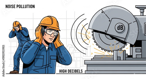 Industrial Noise Pollution Workers Protecting Ears From Loud Machinery.