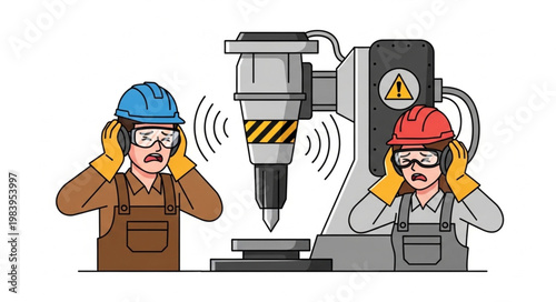 Industrial workers cover ears from loud machine noise safety concept.