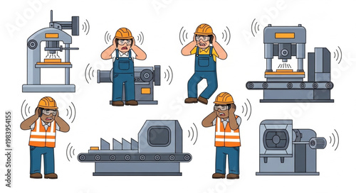 Industrial workers covering ears near loud machinery in factory setting.