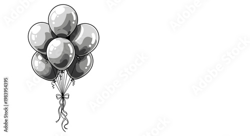 Bunch of seven round balloons tied with ribbon and bow in grey tones floating together as festive decoration.