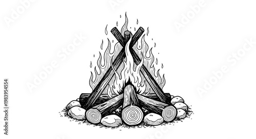 Campfire wood logs with burning flames and river stones sketch vector illustration for outdoor camping and hiking design.