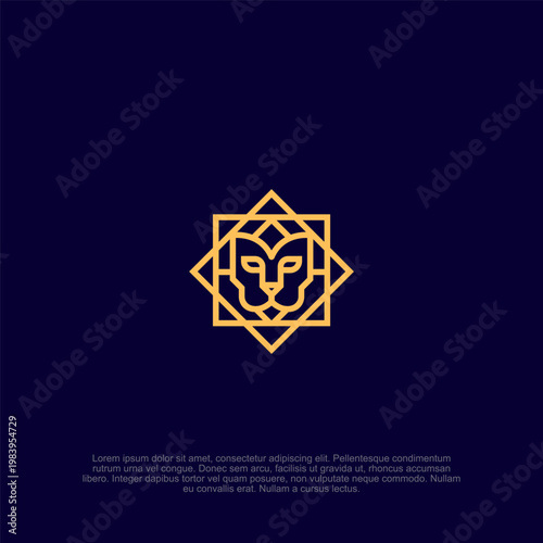 Minimalist Geometric Lion Head Logo Design Featuring an Eight-Pointed Star Frame in Elegant Gold Line Art on a Deep Navy Blue Background, Ideal for Luxury Branding and Professional Identity.