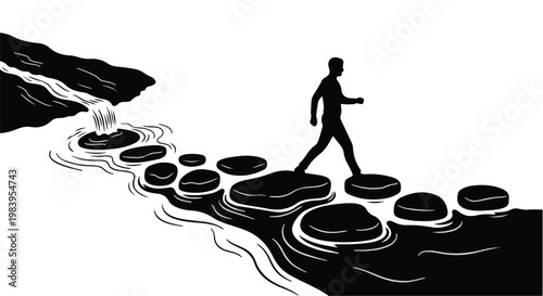 Silhouette of a person confidently stepping across stones in a flowing river towards a brighter future.