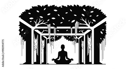 Silhouette of person meditating peacefully under a banyan tree canopy.