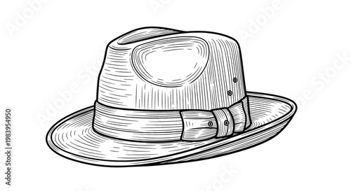 Classic fedora hat with a ribbon and buckle, vintage engraving style for fashion and apparel designs.