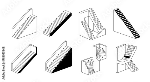Collection of eight isometric stair designs including straight and spiral variations with shadows.