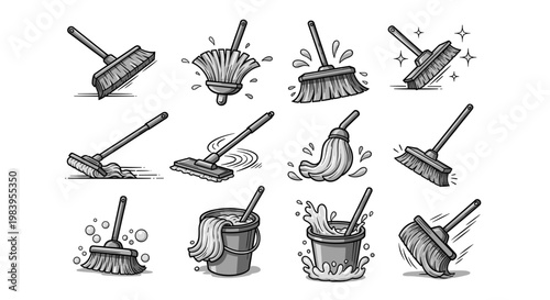 Collection of cleaning tools and supplies with brooms mops and buckets in various dynamic poses and splashes.