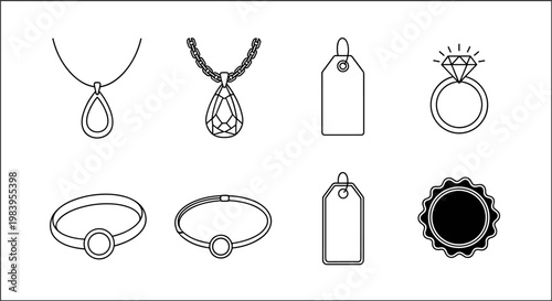 Collection of jewelry outline icons, ring necklace bracelet pendant, elegant accessories, luxury items, simple line art graphic design.