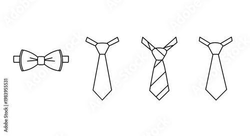 Collection of ties and bow tie in simple line art, representing formal wear accessories for men.