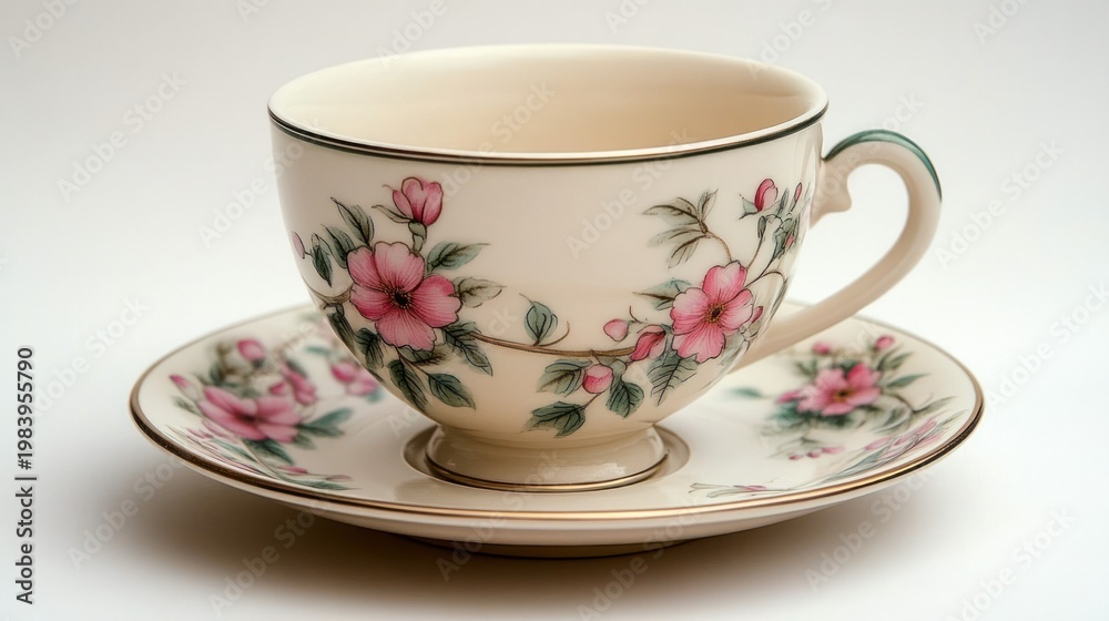 Fototapeta premium Porcelain teacup with handle and matching saucer featuring pink floral pattern and gold rims on white background, delicate elegant serene presentation