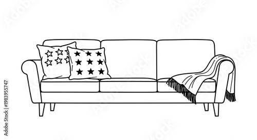 Comfortable living room sofa with decorative star pillows and cozy blanket on armrest for modern home interior furniture.