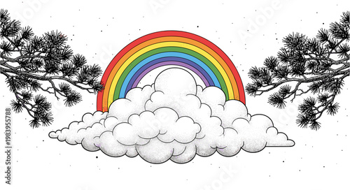 Colorful rainbow appearing behind fluffy clouds in nature landscape with pine tree branches on sides for outdoor scenery.