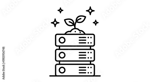 Data server with small green plant growing on top icon showing concept of green hosting and eco friendly data center.