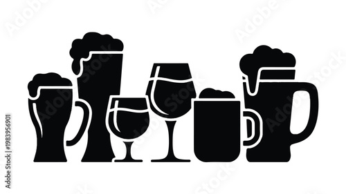 An illustration of various drinks in glasses and mugs on a table indoors