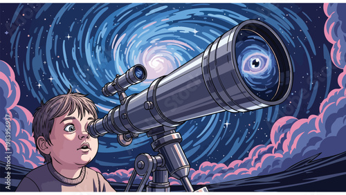 Young boy gazing through telescope at swirling galaxy, cosmic wonder, space exploration discovery