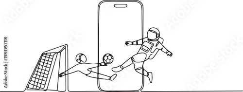 Single one line drawing astronaut football player kicking ball, goalkeeper saving goal on smartphone screen. one line icon drawing vector