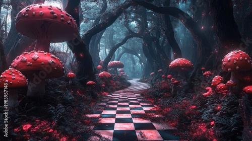 Eerie mystical forest path lined with oversized red spotted mushrooms, a black-and-white checkerboard walkway, twisted dark trees and glowing ember-like lights