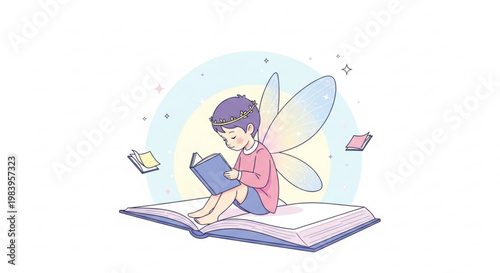 Fairy boy reading book on open book illustration