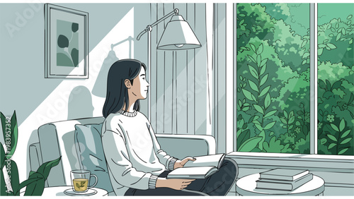 Young Woman Reading Book by Window, Peaceful Indoor Retreat, Natural Light & Greenery