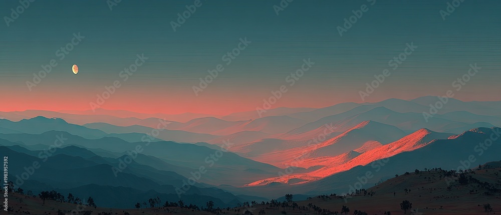 Fototapeta premium Colorful layered mountains bathed in sunset glow, distant moon. Captures peace and beauty; excellent for web or print design.