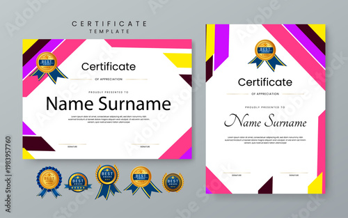 Collection of certificate templates with bold magenta and yellow geometric stripes and gold seal