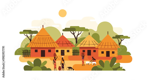 Traditional African village with colorful huts and people in a rural setting