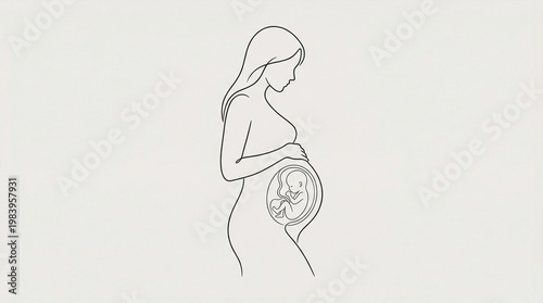 Minimalist line art illustration of pregnant woman with fetus in womb