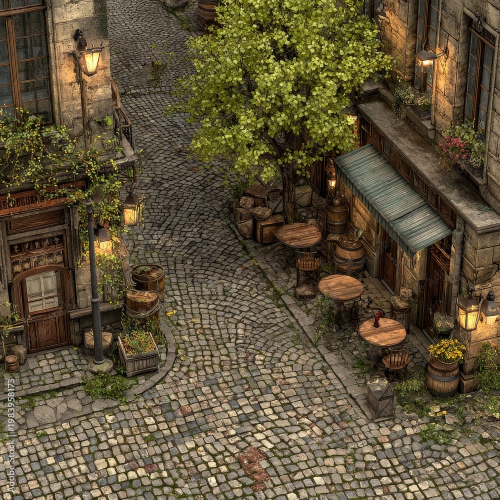 Obraz premium Cobblestone street with outdoor cafe seating and tree in historic European town.