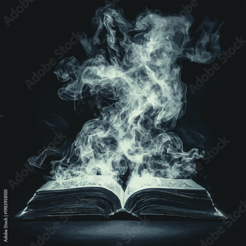 An open book emits swirling smoke, symbolizing knowledge and mystery, perfect for creativity and fantasy themes.