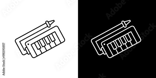 Outline vector icon of a melodica musical instrument featuring a piano-style keyboard and a mouthpiece, symbolizing music and sound creation
