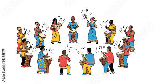 Vibrant illustration of diverse people playing musical instruments and dancing together