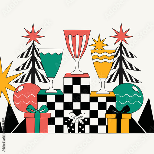 Christmas gift and champagne celebration illustration with ornaments