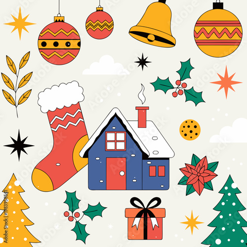 Christmas holiday decoration set with house stocking and ornaments