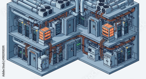 Isometric view of industrial facility interior.