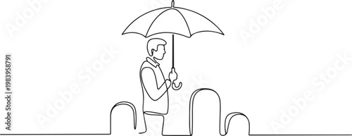 One continuous line drawing of Traveler or explorer on mountain or valley concept. one line iA man with umbrella visits the cemetery. one line icon drawing vectordrawing vector