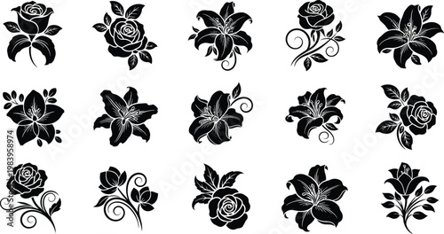 Black floral with white accents on white background flowers roses