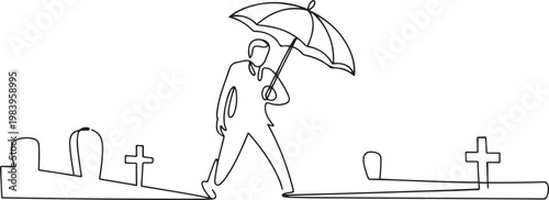 One continuous line drawing of Traveler or explorer on mountain or valley concept. one line iA man with umbrella visits the cemetery. one line icon drawing vectordrawing vector