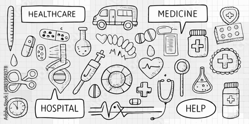 Doodle style illustration of medical supplies healthcare symbols and hospital items