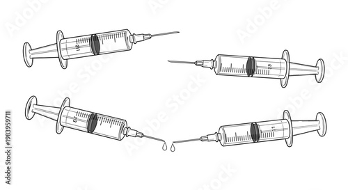 Four medical syringes with needles, one with drops, for vaccination, injection, and healthcare procedures.