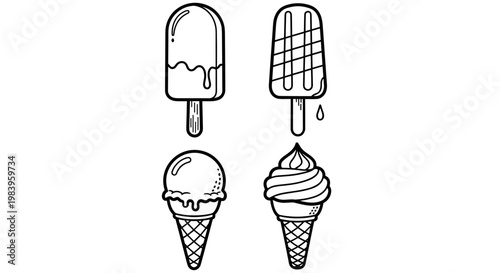 Four different stylized black and white line art illustrations of delicious ice cream treats perfect for dessert menus.