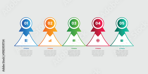 5 points infographic with gradient style with big circle on top with arrow on top with outline triangle with 5 elements stages