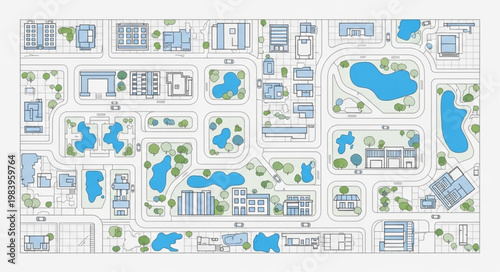 Aerial view of a modern city plan with buildings and parks.