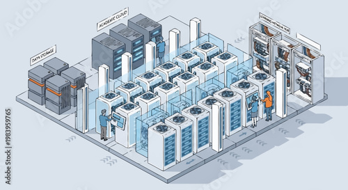 Isometric illustration of a data center with servers and cooling systems.
