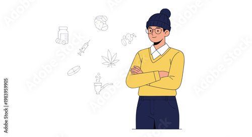 Person thinking about drugs and addiction with concerned expression and crossed arms