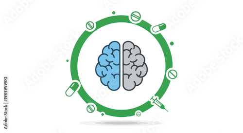 Brain health concept with divided hemispheres and medication icons in green circle