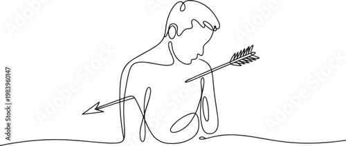 Dejected man with arrow in his chest continuous one line drawing. Arrow in person chest single line art illustration. one line icon drawing vector