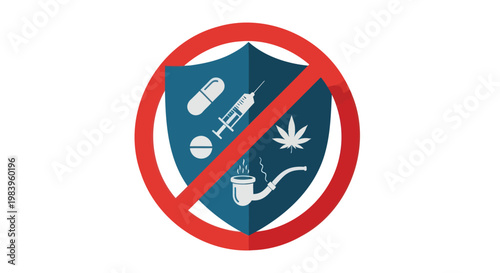 No drugs allowed sign with shield and prohibition symbol indicating a ban on narcotics and substance abuse