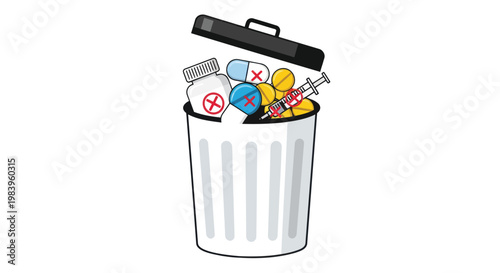Overflowing trash can with discarded medication and syringes on white background symbolizing drug abuse and addiction problems